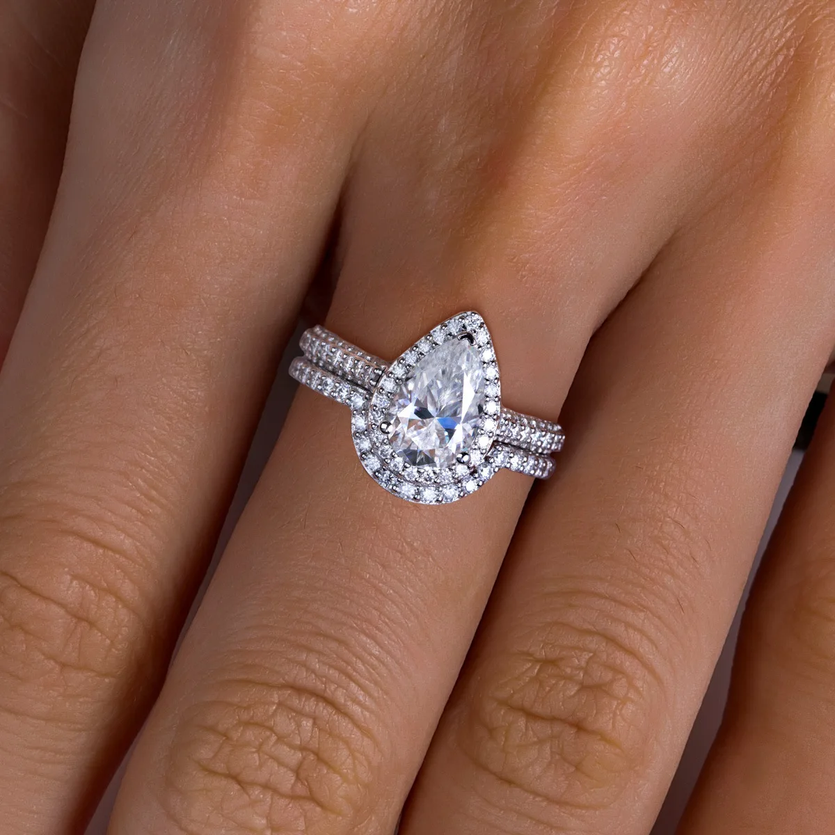 3-Carat Luxury Droplet Pear Shaped Moissanite 925 Silver Combination Ring Engagement Set, Layered Ring, High-End Gift Jewelry