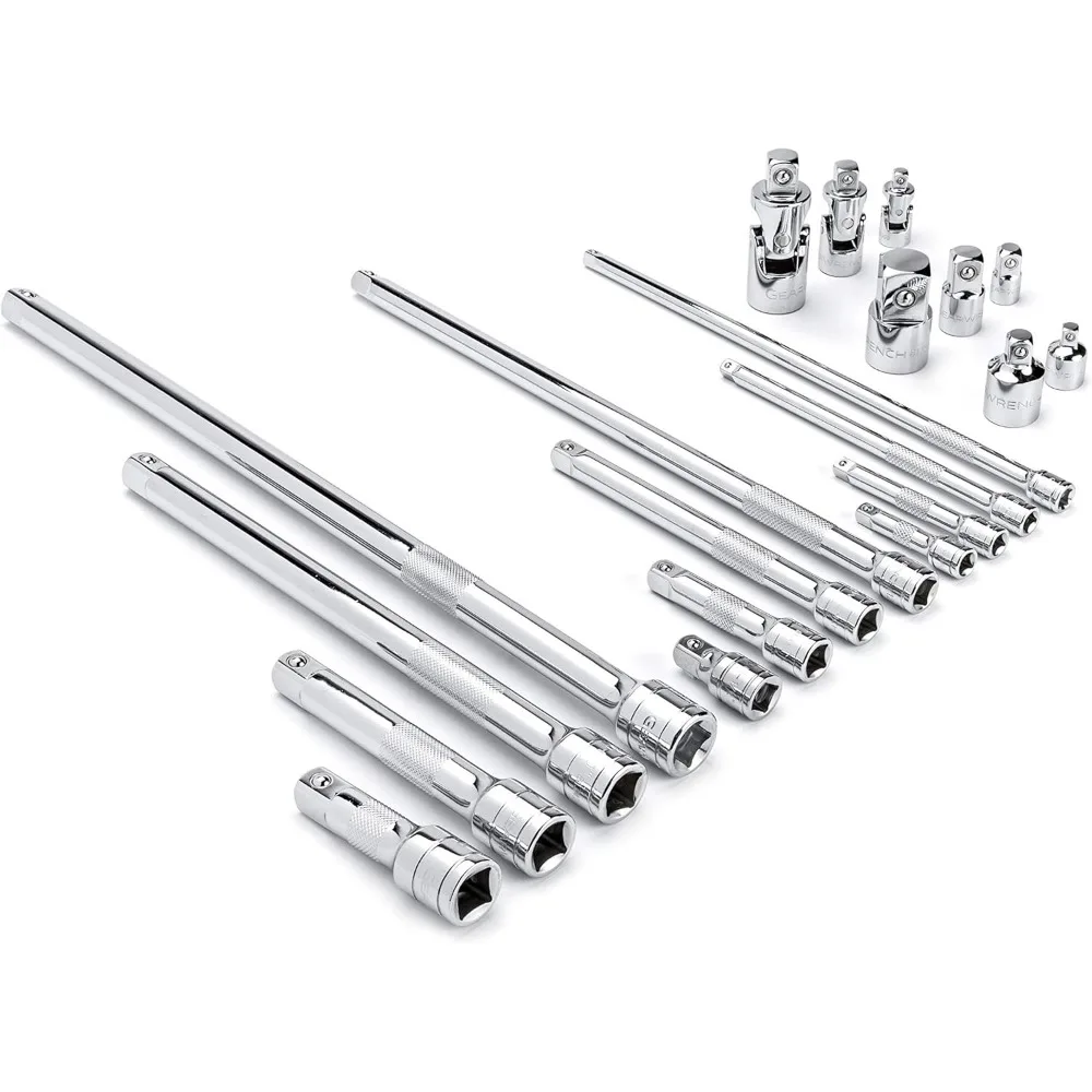 

20-Piece Drive Extension Set with Universal Joints and Adapters for 1/4", 3/8", 1/2" Sizes - Versatile Tool Kit