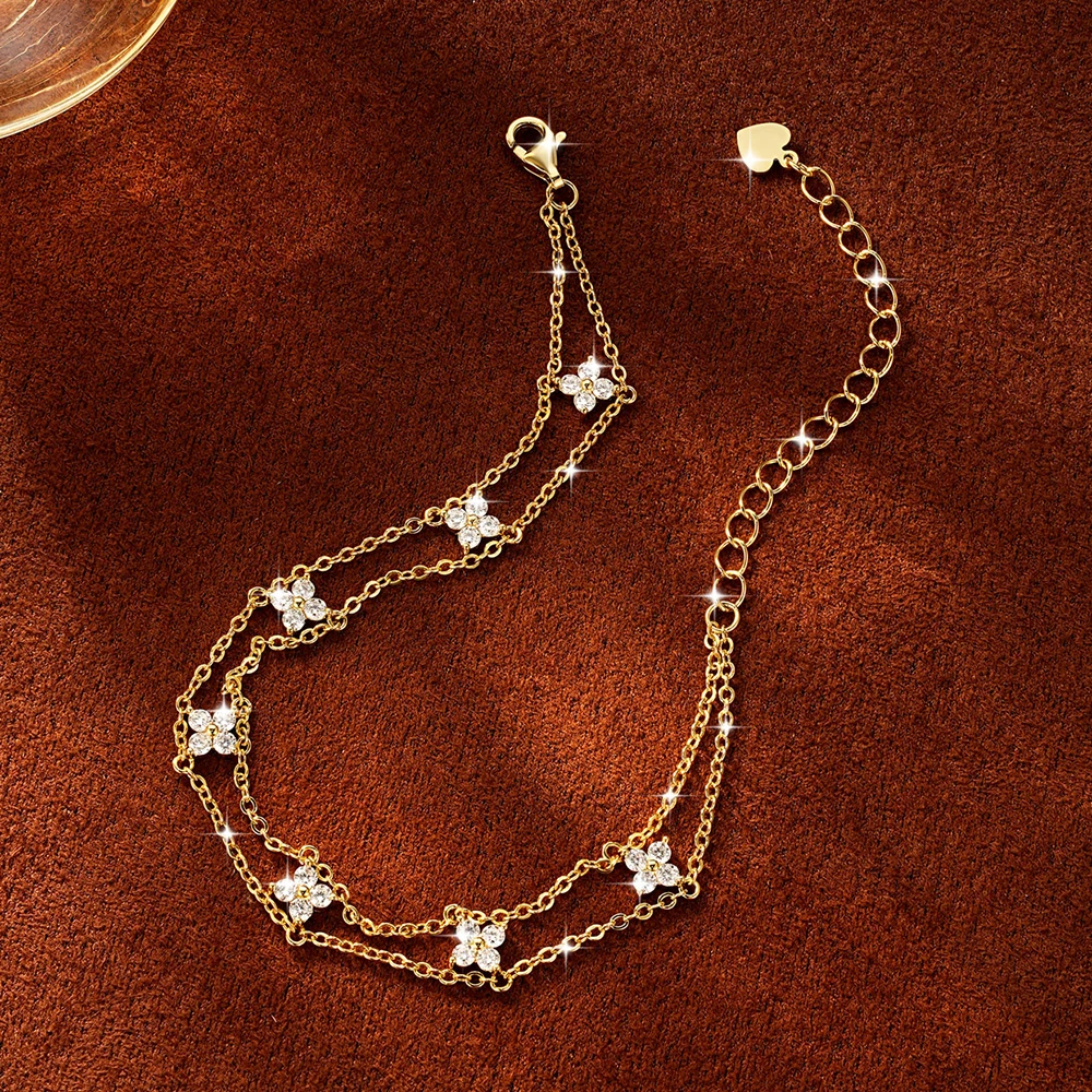 Lnkry 14K Gold Filled Armband mit vierblättriger Blume und Doppelkette für Damen, zertifiziertes 2mm rundes Moissanit-Armband, Handschmuck, Geschenk – Detail 8