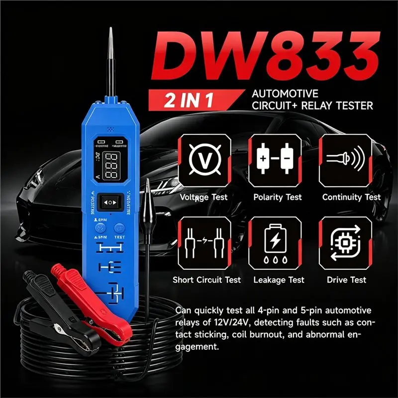 New DW833 2 In 1 LED Display Automotive Relay Circuit Tester 12V/24V Universal Car Electronic Relay Testing Tool view 2