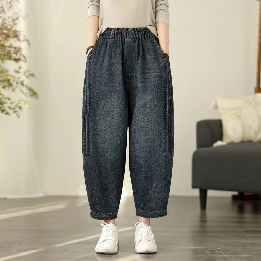 

Loose Women's Denim Jeans Casual Versatile Summer 2025 New Sle Dad Harlan Pants for plus Size Women Nine Points l Waist