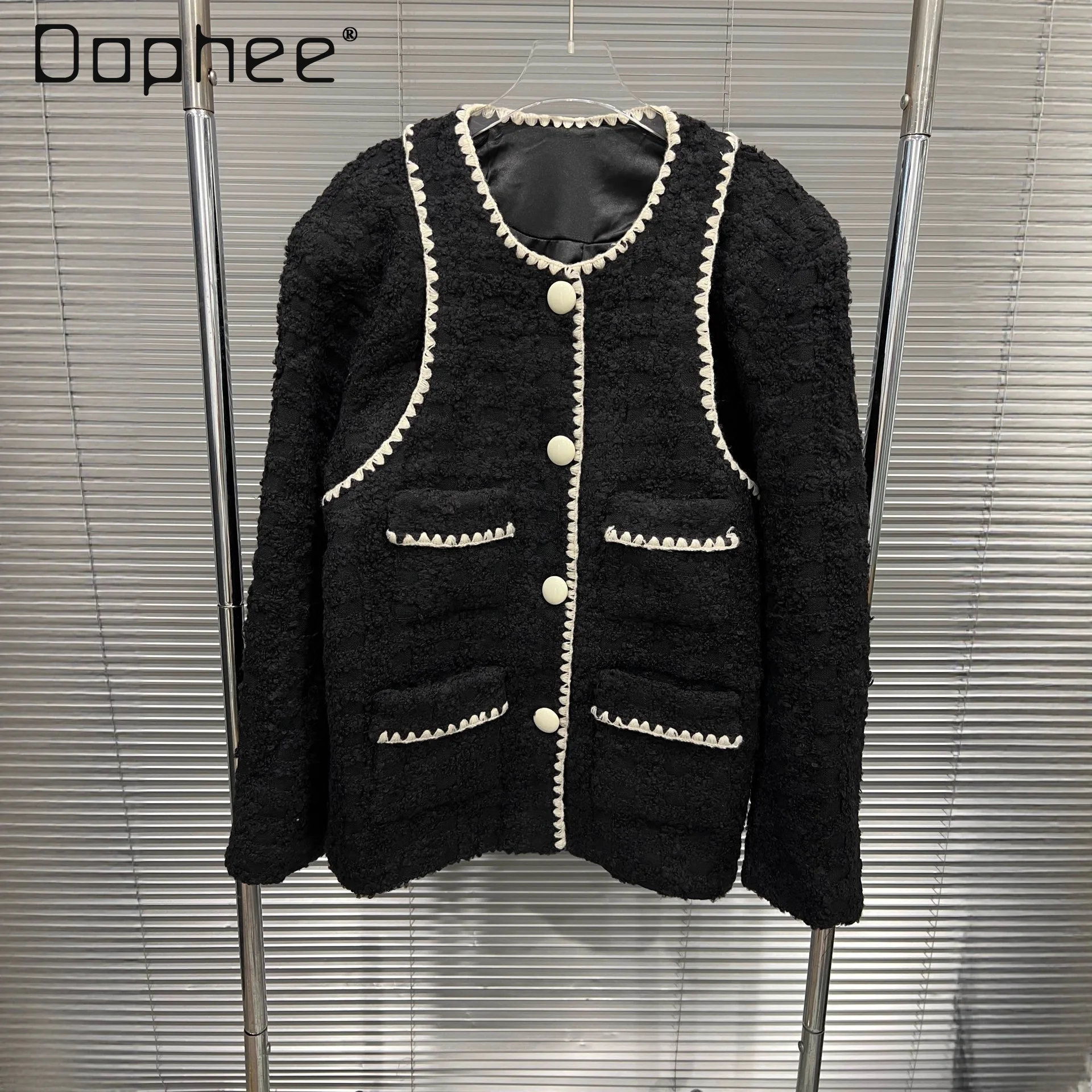 

Autumn French Classic Style Fashion Black and White Patchwork Tweed Round Neck Long Sleeve Coat Trendy Loose Casual Coat Women