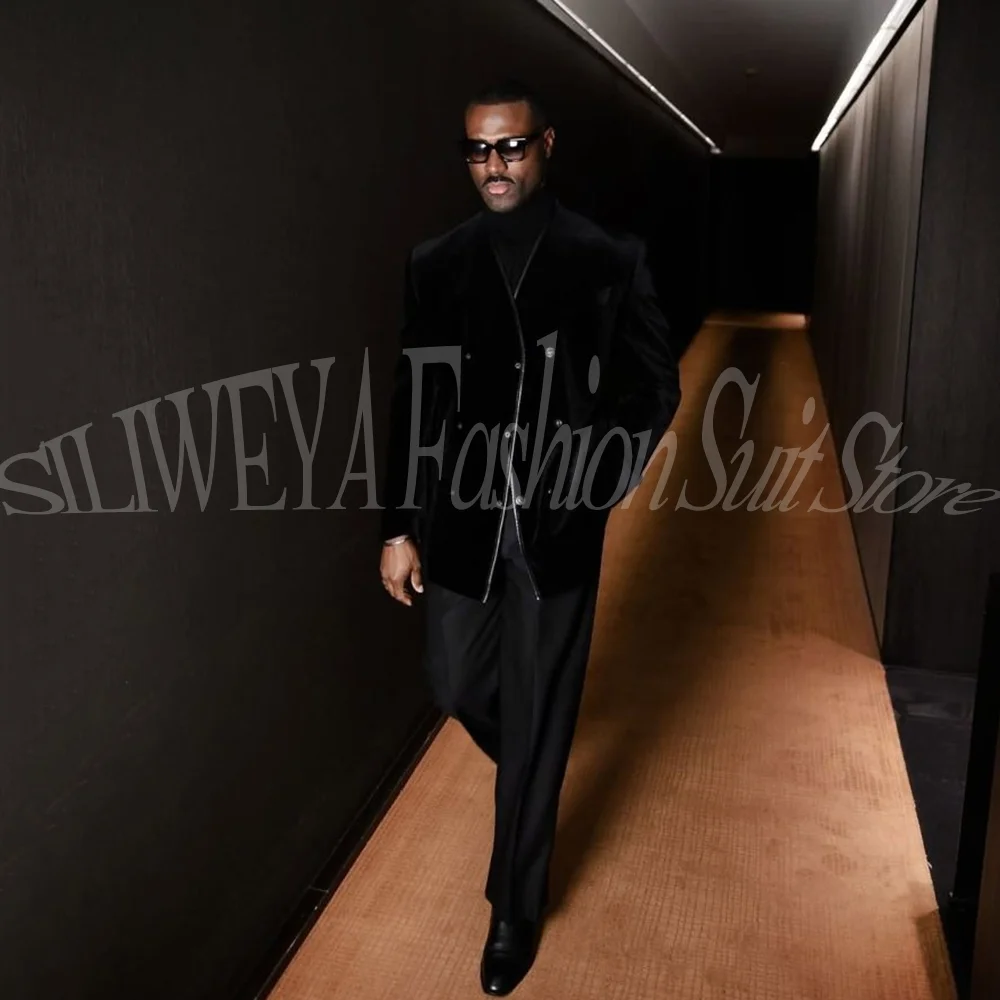 

Mens Fashion Suits 2 Pieces Blazer Set Wedding Groom Tuxedos Business Luxury Black Velvet Jacket +Black Pants Fashion Trousers