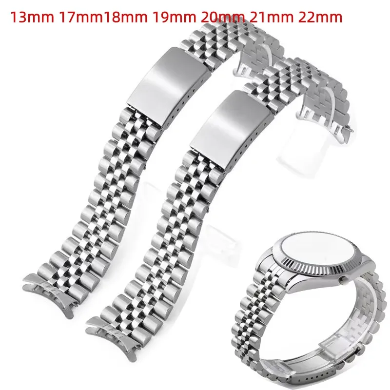 

13mm 17mm Vintage Jubilee Stainless Steel Watch Strap 18mm 19mm 20mm 21mm 22mm Silver Curved End Bands for RLX SKX Watch