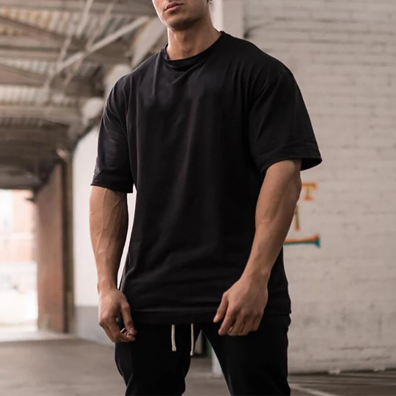 Oversized Fit Short Sleeve T-shirt Mens Cotton Dropped Shoulder Loose Fitness Sports T Shirt Summer Gym Bodybuilding Tops Tees