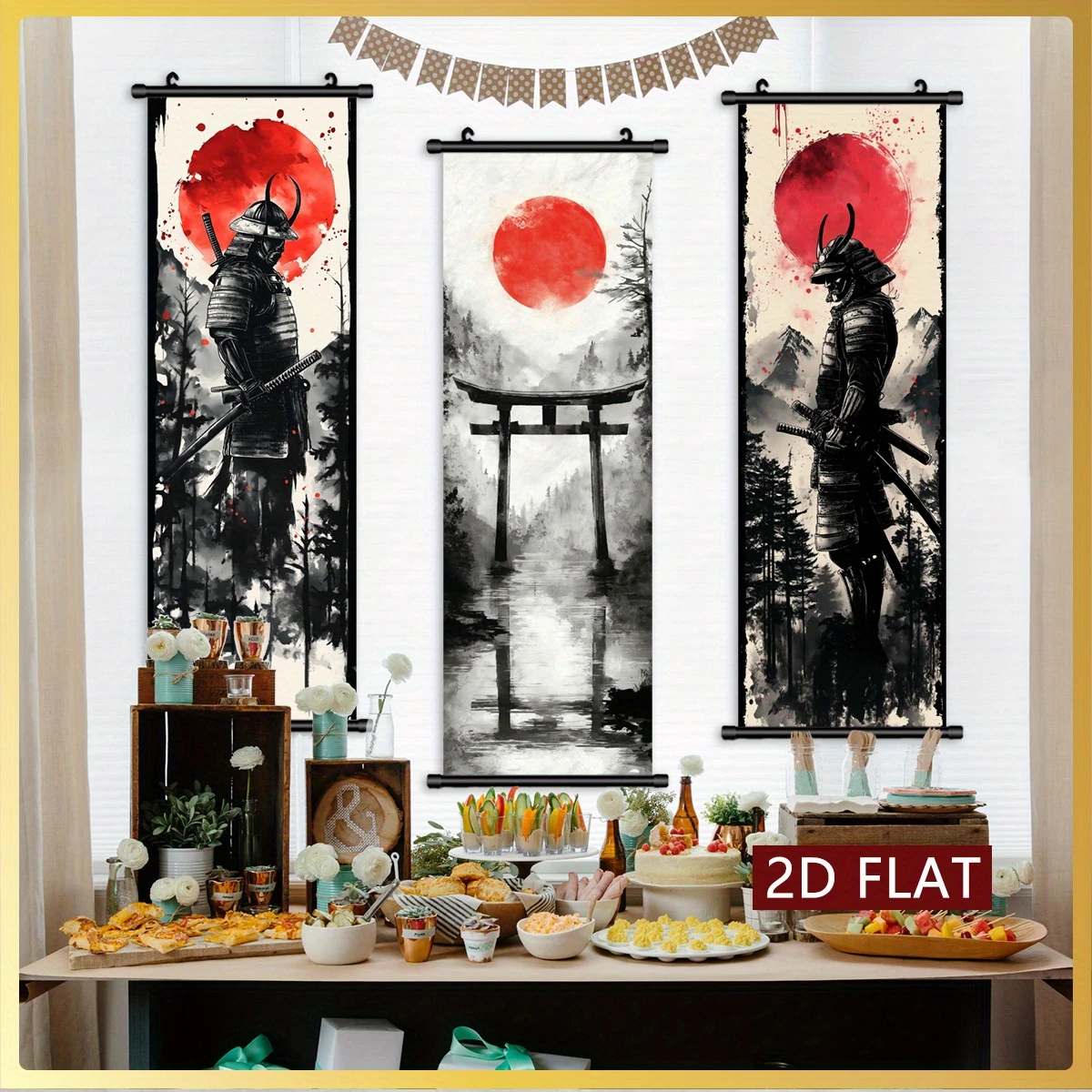 VIKAMA Ink-Washed Samurai Scroll Tapestry, Red Sun, Torii Gate, and Mountain Range Wall Hanging, Fabric Wall Posters, Home Decor