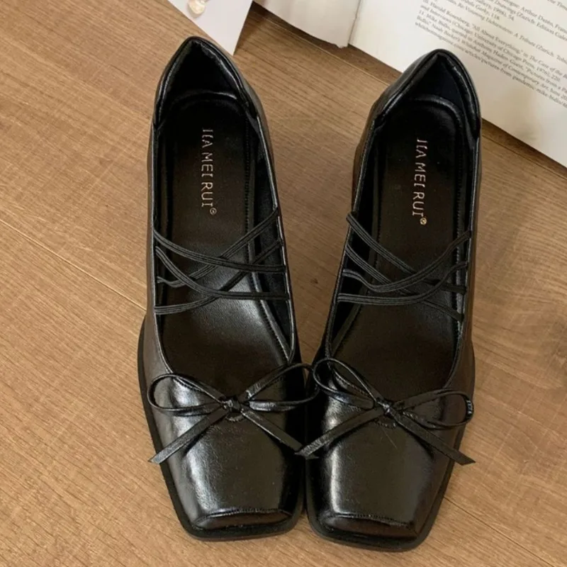 

High Heels Women's New Style Thick Heels Pig Mouth Single Shoes French Square Ballet Mary Jane Small Leather Shoes