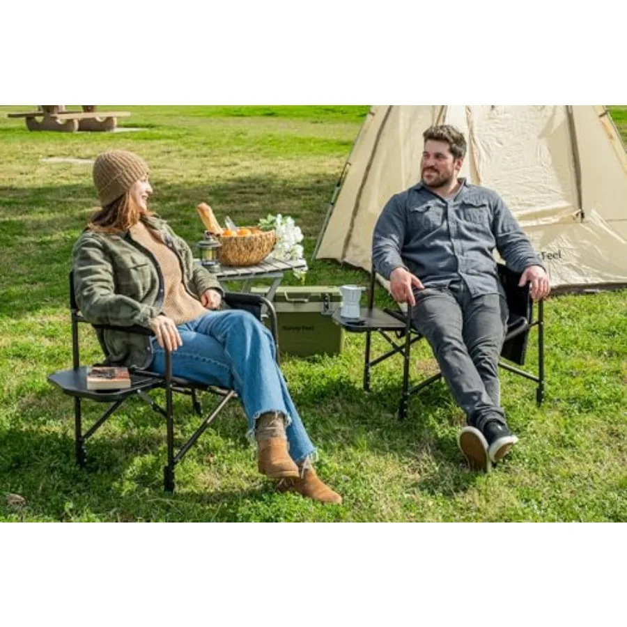 Oversized Camping Directors Chair for Outdoor Use, Heavy-Duty Steel Frame with Black Fabric, Portable Folding Design with Side