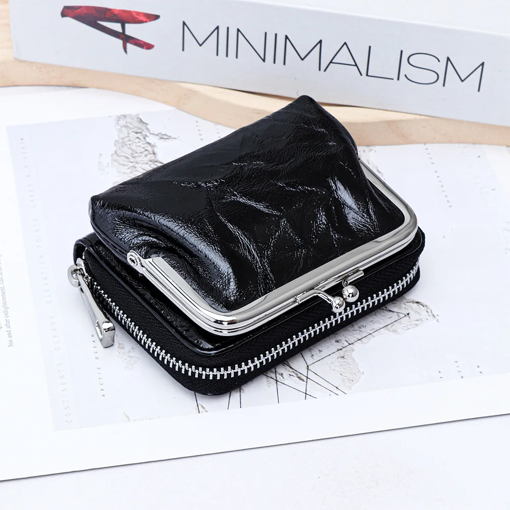 Pocket-Sized Genuine Leather Crinkled Kiss-Lock Wallet 2-in-1 Women's Lipstick Coins Cards Organizer Stylish Small Bag for Women