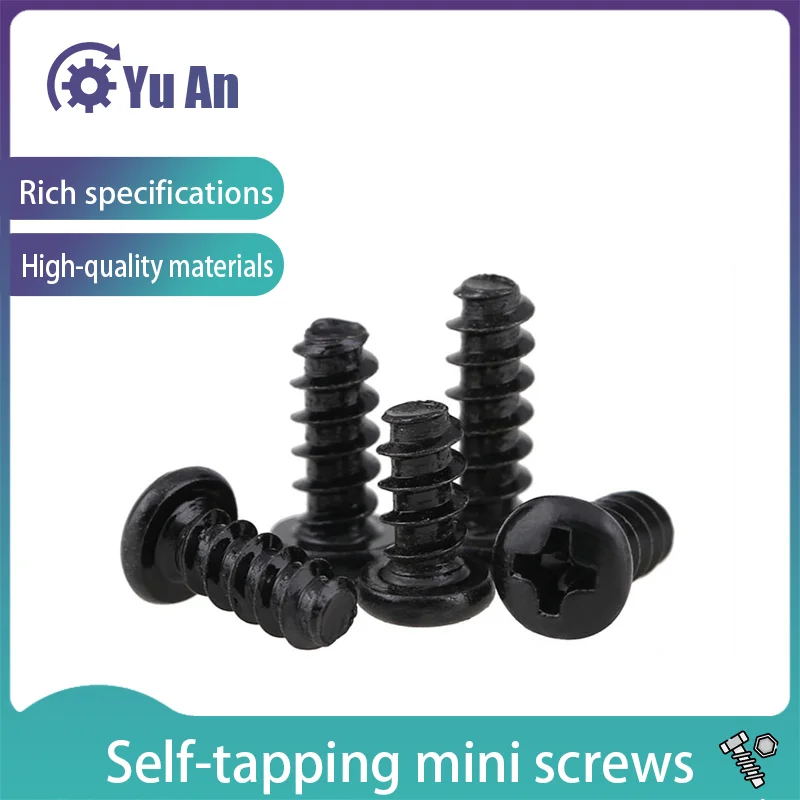 Black Philips Pan Head Flat Tail Self Tapping Mini Screw PB Cross Round Head Flat End Tapping Screws M2.6M3M3.5M4 500PCS