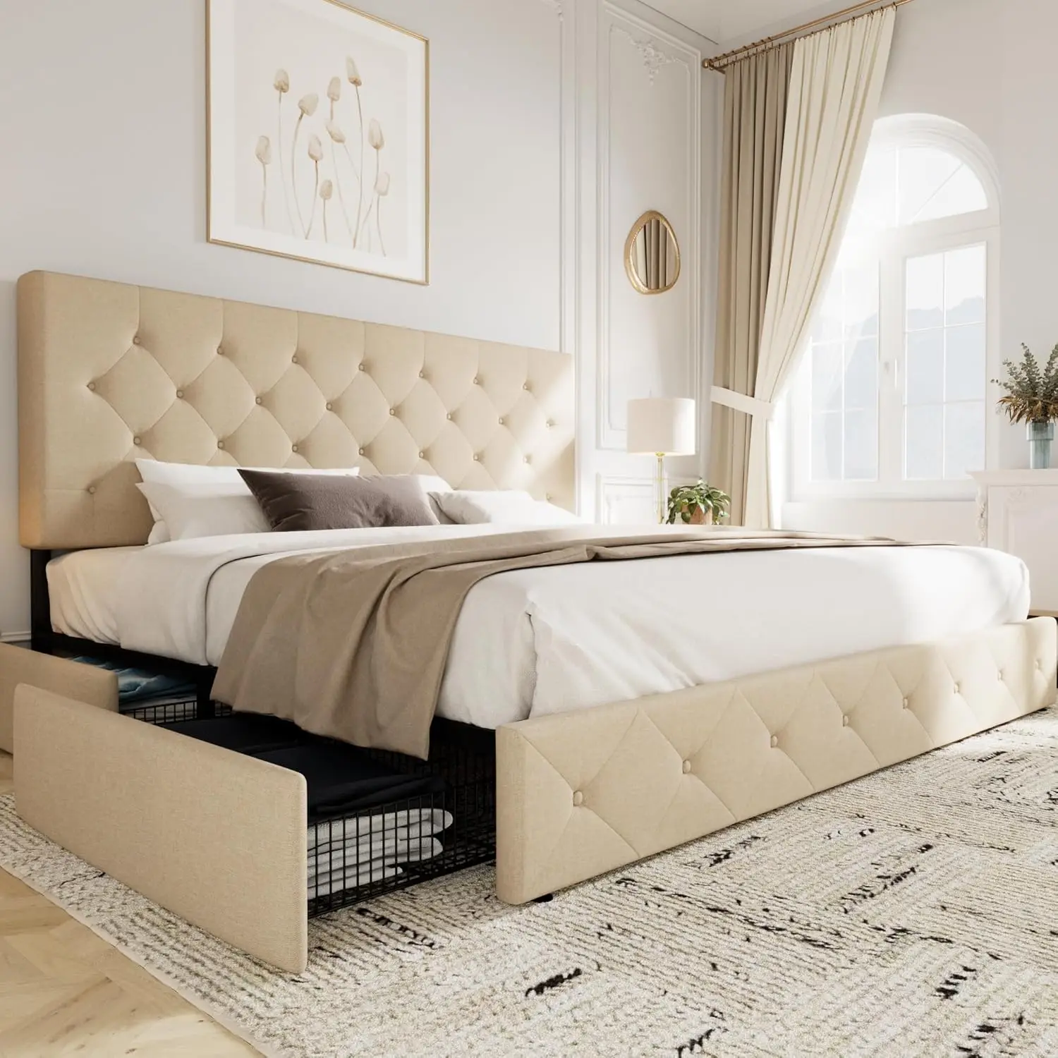 Allewie Upholstered King Size Platform Bed Frame 4 Storage Drawers Headboard Diamond Stitched Button Tufted Wooden Slats Beige