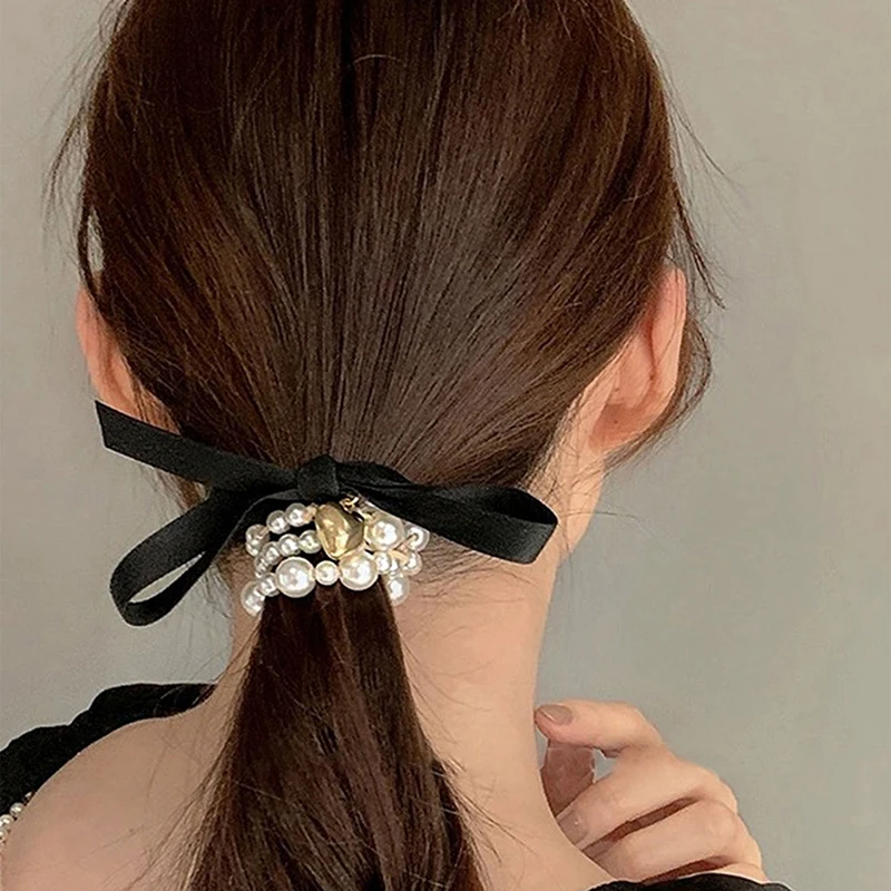 

Korean Fashion Bow Pearls Pendant Hair Ties Bracelet For Women Girls Sweet French Trendy Ponytail Hair Band Hair Accessories