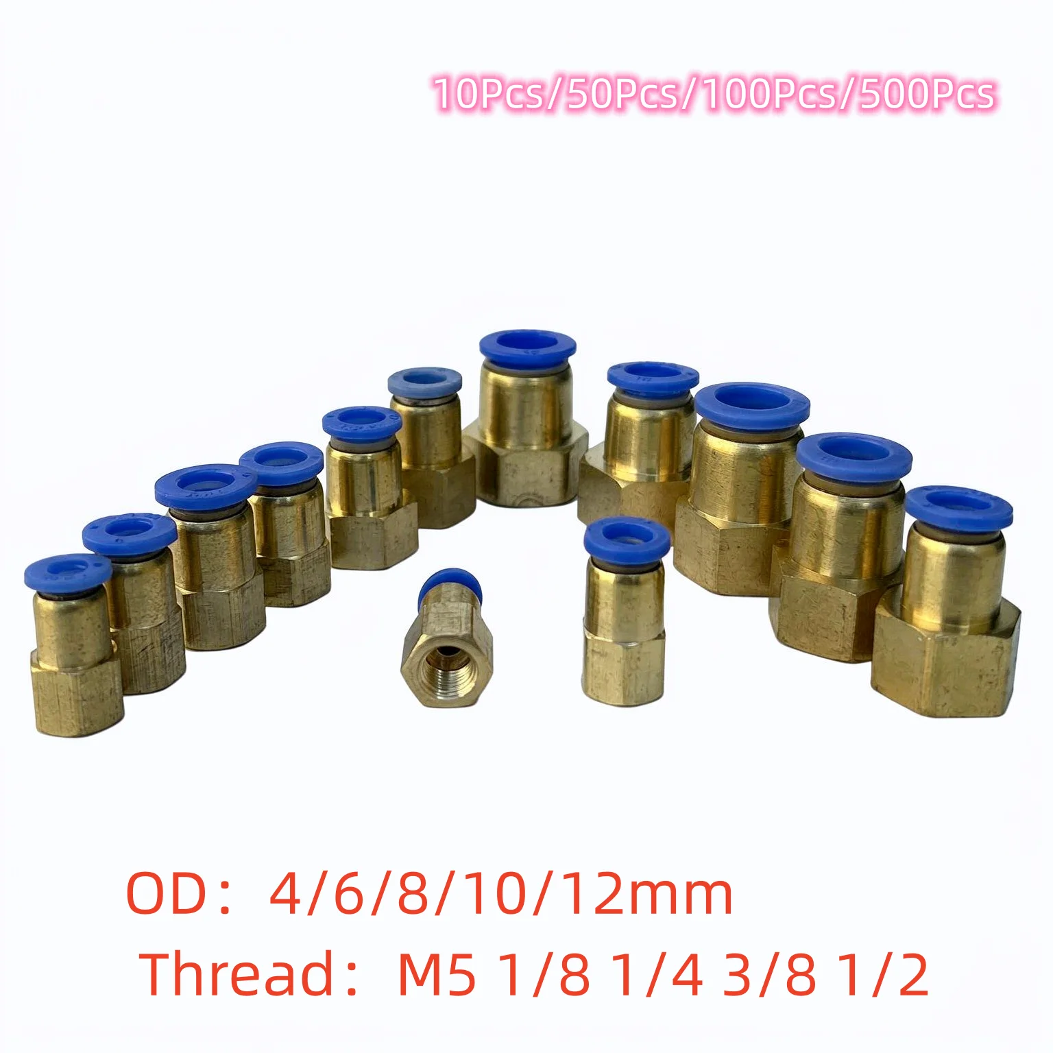 10/50/100/500Pcs PCF Brass Push in Fitting Female Thread Air Hose Connector OD 4/6/8/10/12mm M5 1/8 1/4 3/8 1/2