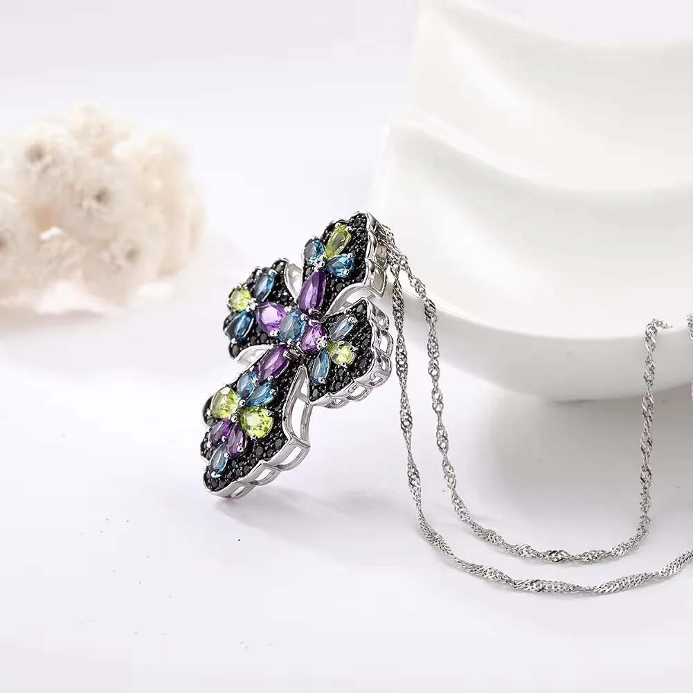 GZ ZONGFA 100% 925 Sterling Silver Cross Pendant Necklace For Women Natural Peridot Amethyst Colorful Gems Trendy Fine Jewelry