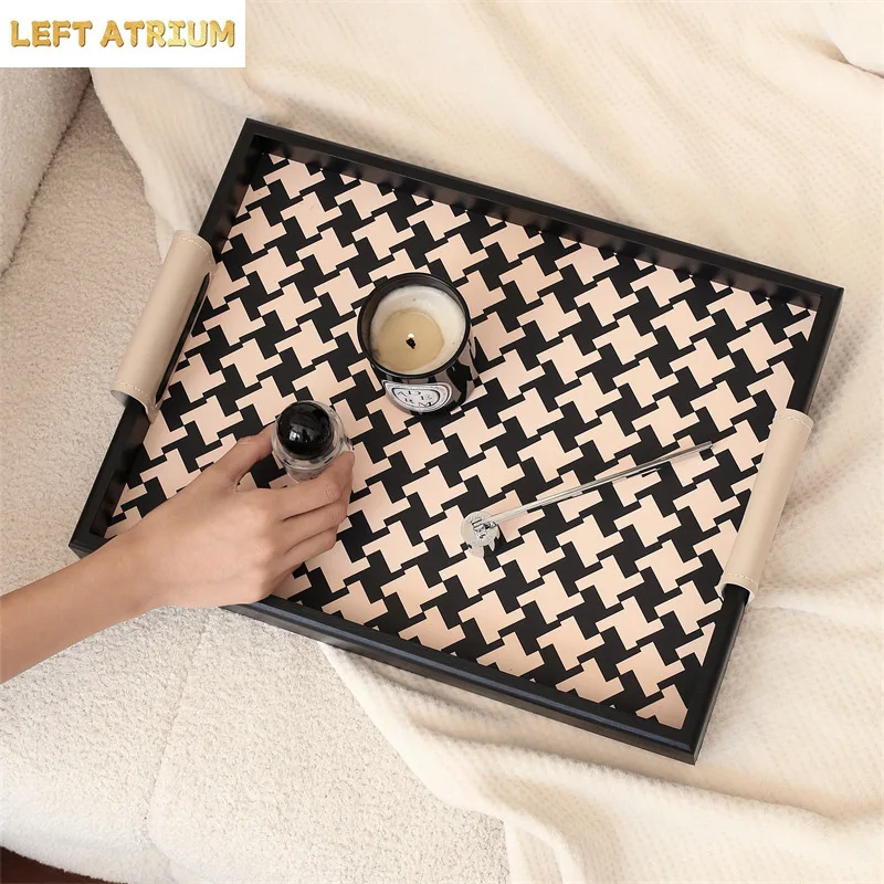 Nordic Thousand-Bird Grid Tray Household Rattan Woven Leather Tray Put Cups Luxury High-end Leather Scented Storage Tray