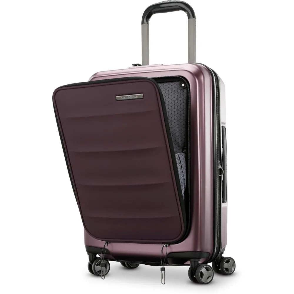 расширяемый 21-дюймовый твердый багаж с передним карманом и 360° °   вращающиеся колеса для долговечности и ударопрочности.