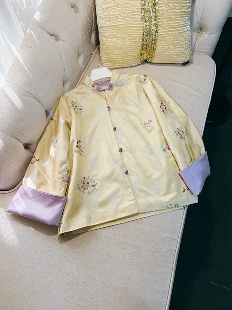 

Новый китайский атласный вышитый желтый топ в стиле ретро с тысячей золотых форм, костюм дзен Sle Tang, женский костюм Jaet