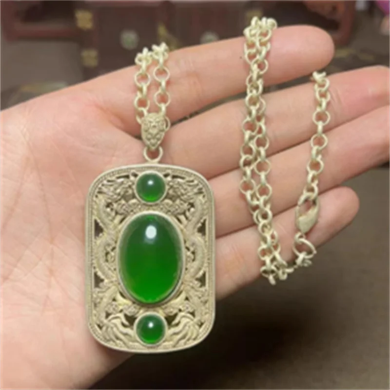 

Little Fairy/ Tibetan Silver Inlaid with Green Agate Double Dragon Necklace Pendant Fashion Personalized Men Women Couples Gift