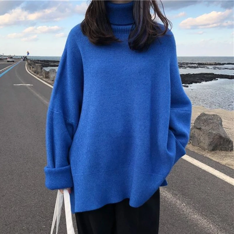 

Vintage Turtleneck Wool Sweater Women Autumn Winter Solid Knitted Pullovers Oversize Blue White Jumper Sweaters Pull Femme 23750