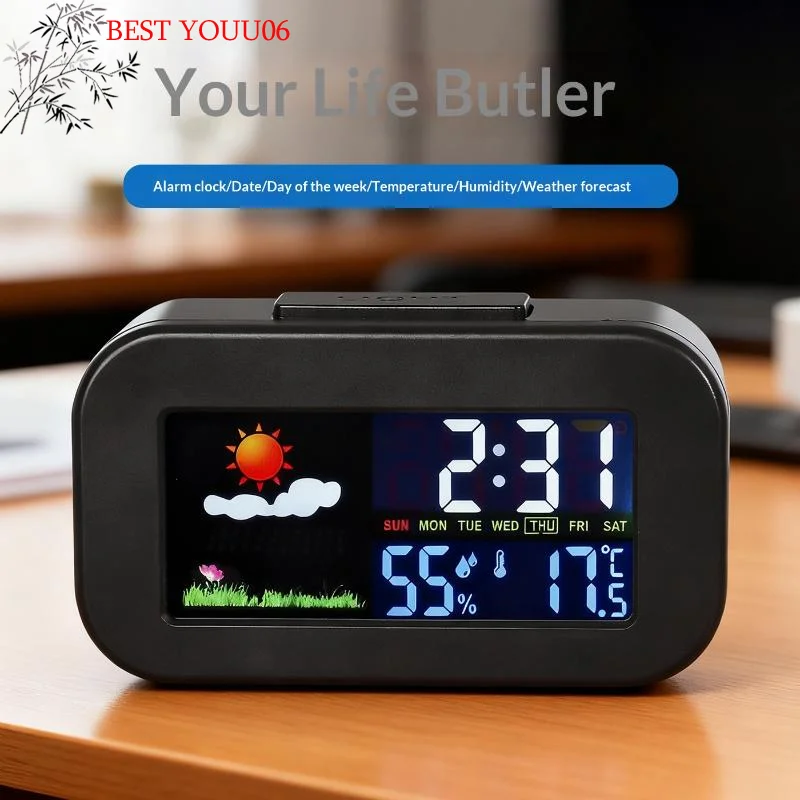 (YOUU06)Intelligent Weather Station Clock With Color Display - Temp&Humidity Monitor Backlit For Kids&Teen Bedroom/Dorm Desk