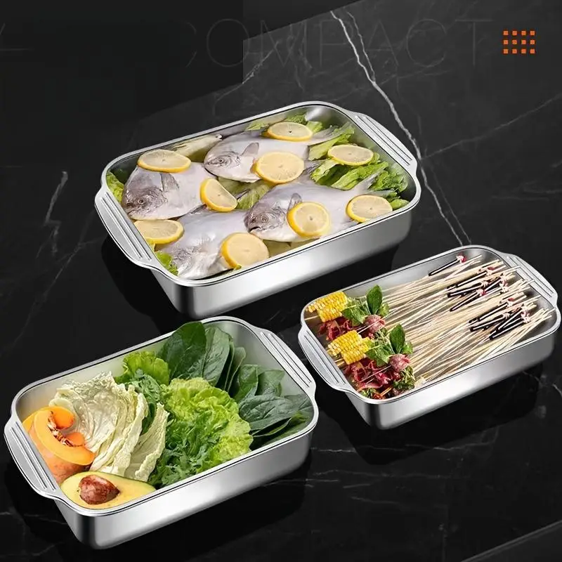 3-Piece Extra Large Deep Stainless Steel Baking Pan Thickened with Handle Rectangular Tray with Lid 16x9.5 Inch Non-Stick Bottom