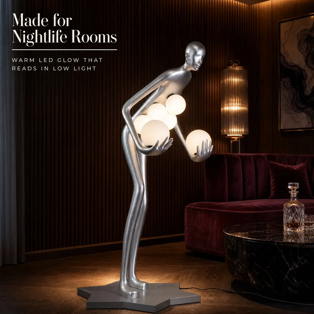 Fiberglass Human Figure Sculpture 2.1m LED Globe Light Floor Standing Art Piece For Hotel Lobby Club KTV Decor