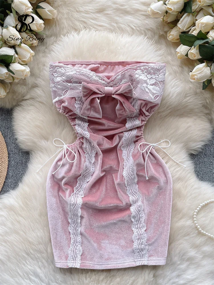 

SINGREINY винтажное короткое женское бархатное платье 2023, модное платье-футляр без бретелек на шнурке, женское тонкое кружевное сексуальное платье