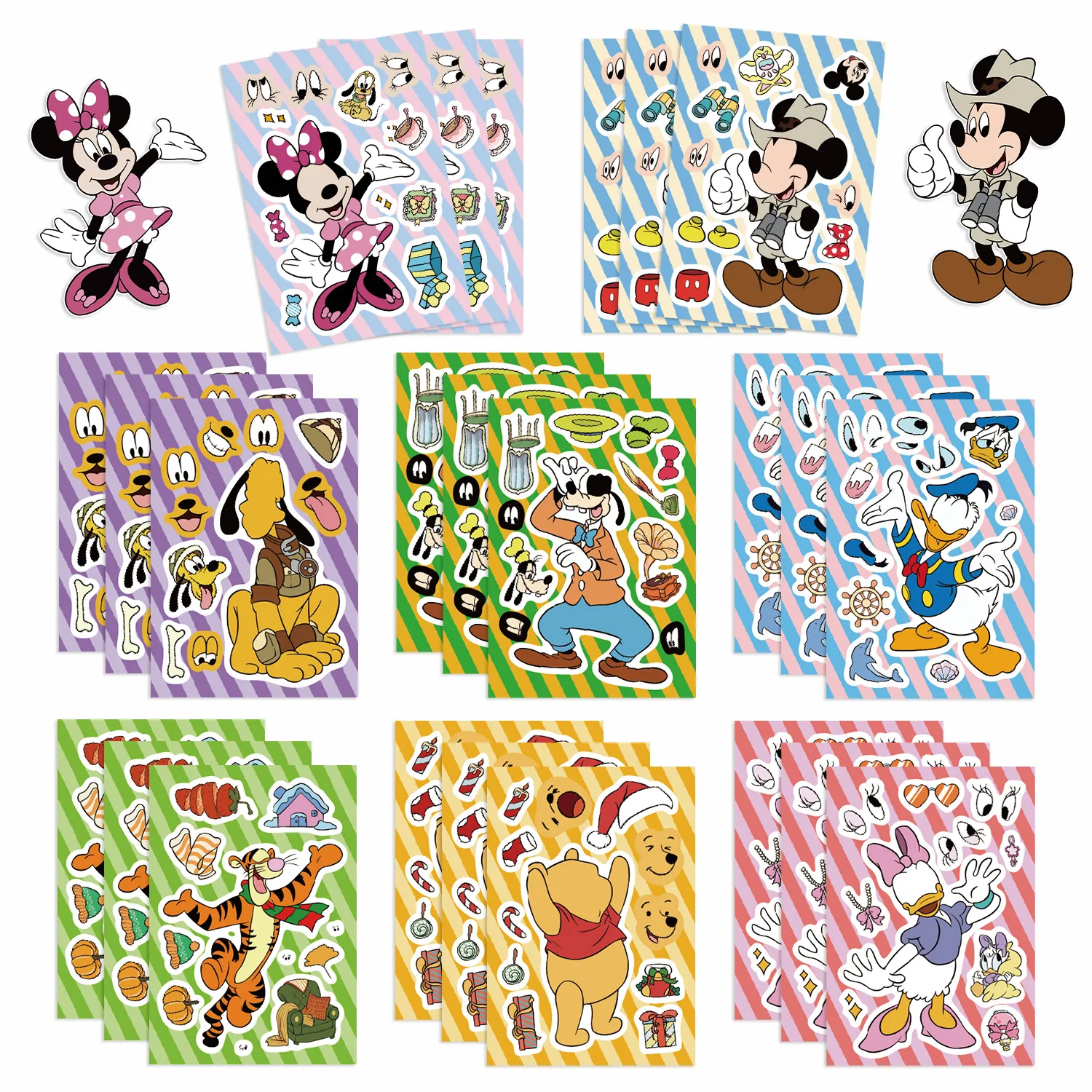 Disney-Mickey Mouse Cartoon Puzzle Adesivo, DIY, telefone, laptop, bagagem, skate, decalques de grafite, diversão, presente do miúdo, 8 folhas, 16 folhas