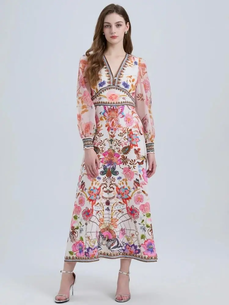 

Women Sexy Deep V Neck Long Lantern Sleeve Floral Print Chiffon Long Dress Spring Gorgeous Flower High Waist Boho Vestidos