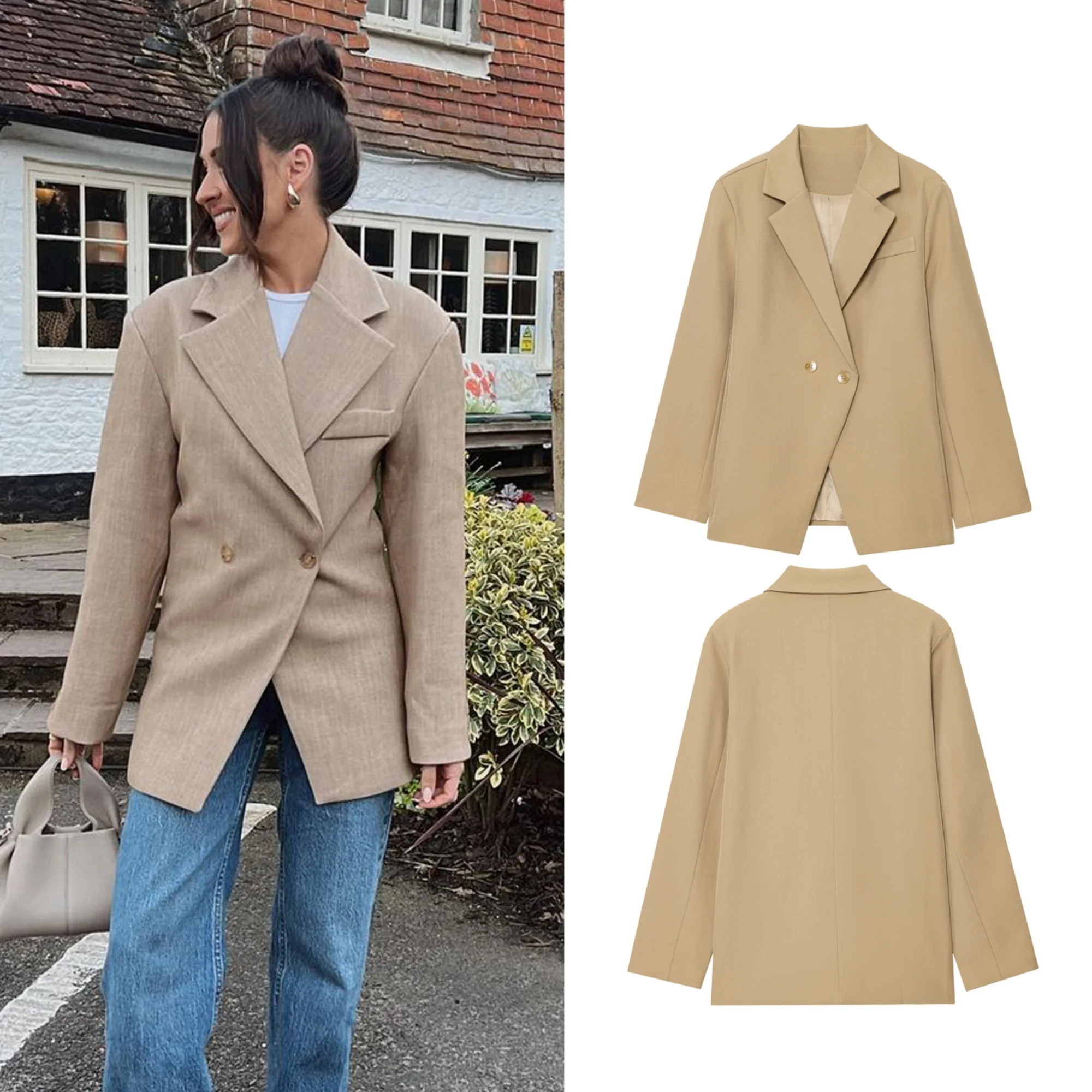 

Women Blazer Jacket New Women's INS Style Jacket A Lapel Double Row Buttons Front Slit Design Cinched Waist For Commuting