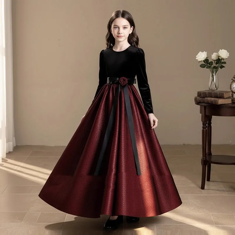 

Детское зимне-осеннее нарядное платье премиум-класса: черное замшевое платье принцессы с длинными рукавами для девочек, для выступлений на фортепиано