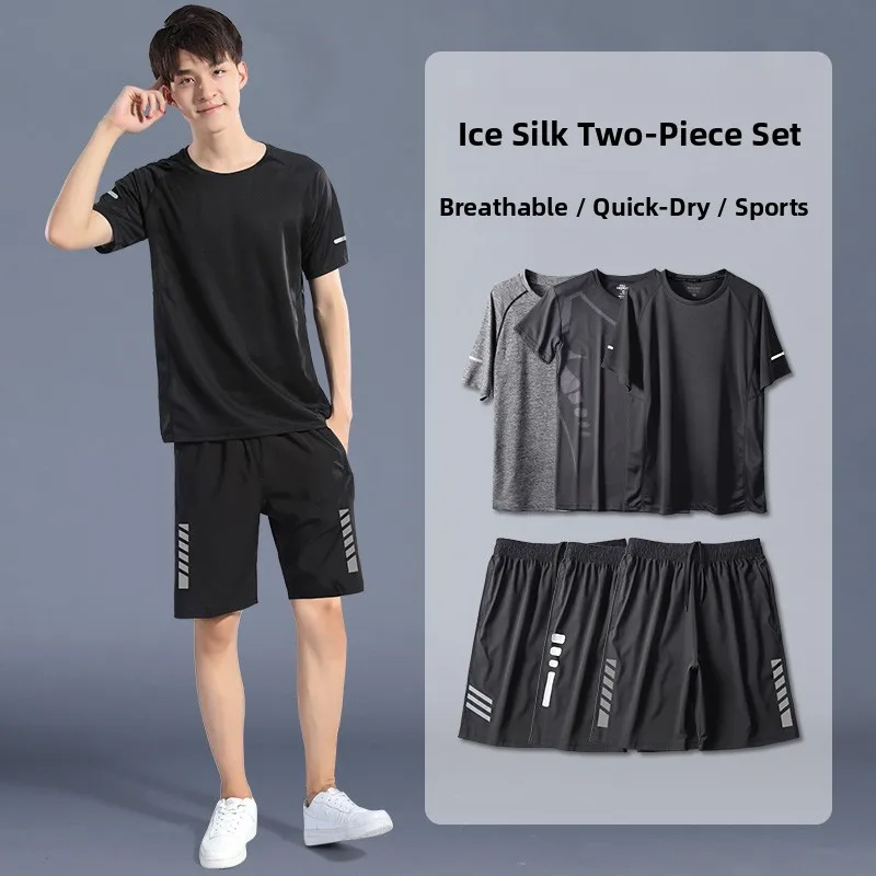 

Men's Fitn Clothes Ice Silk Qui Dry ort Sve T-irt orts Set Running Sportswear Youth Casual Summer Outfit
