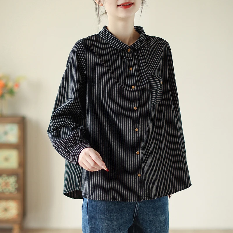 Spring Summer Striped Long Sleeve Fasion Cotton Linen Blouse Shirt Button Elegant Office Ladies Women Casual Loose Tops Blusas