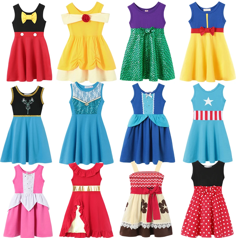 

Disney Girls Mermaid Dress Moana Elena Elsa Cinderella Snow White Princess Mickey Cosplay Cotton Dress Summer Holiday Dress 2024