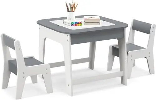 and Chair Set, 3-in-1 Wooden Activity  with Removable Tabletop, Blackboard & Whiteboard,  Space, Toddler  for Arts, Crafts, 