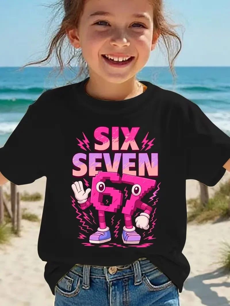 Short sleeve t-shirt for girls, summer fashion, number six, seven, pink color, TV cartoon print, versatile casual top