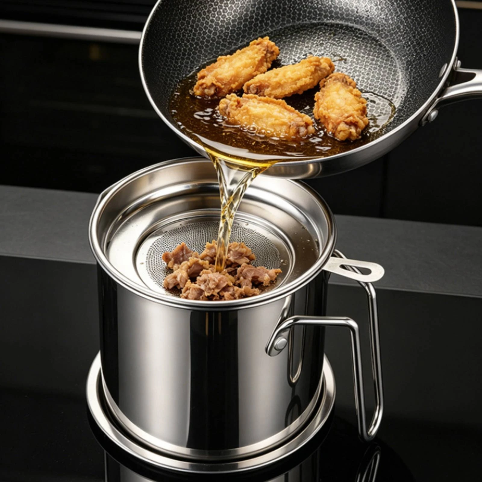 Oil Filter Pot Stainless Steel Cooking Oil Container with Strainer Grease Container with Strainer Pouring Lip Cookware view 4