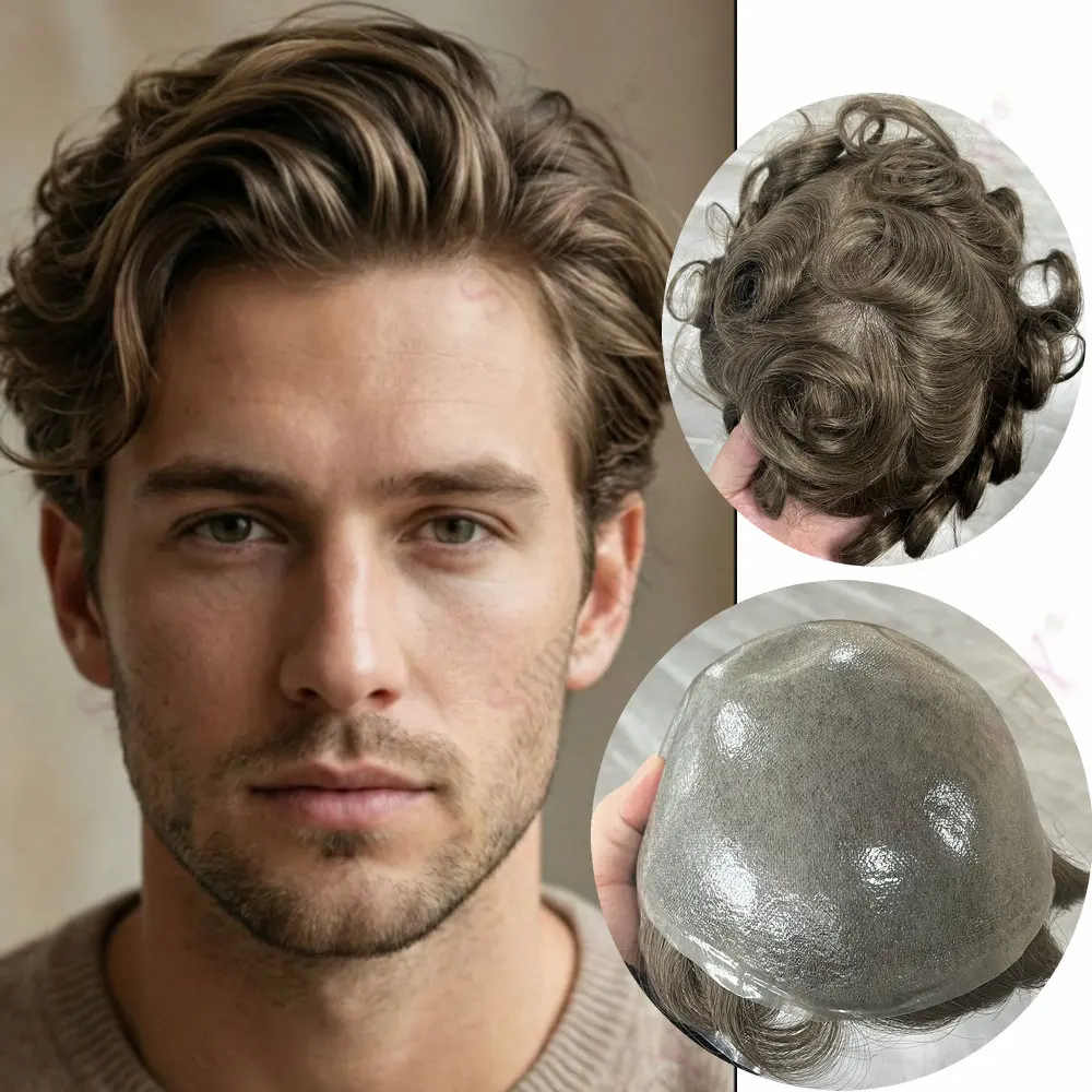 

Микроскин Мужской протез для волос Темно-русый 240 # Серый парик из полиуретановой системы 0,06 мм, прочный, долговечный, из натуральных человеческих волос, для мужчин