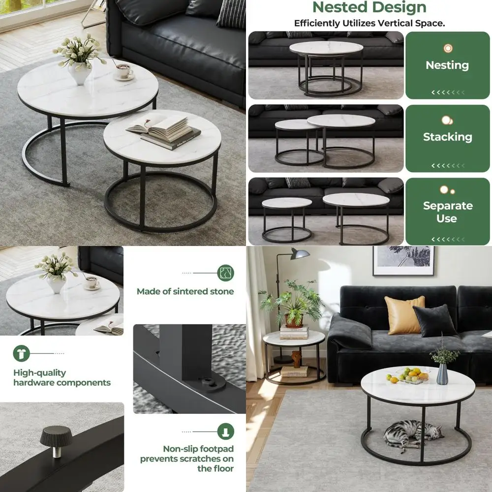 

Contemporary Pair of Coffee Tables with Durable Sintered Stone Tops and Metal Legs for Living Spaces and Bedrooms