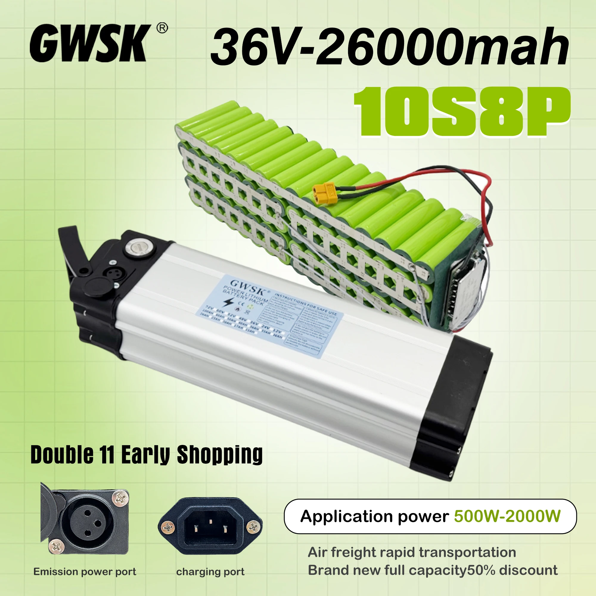 

Universal 48V36V24V 20AH-50AHSilver Fish 18650 lithium-ion battery, 100% full capacity, built-in BMS