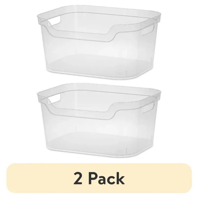 

NEW (2 pack) Large Open Bin, Clear Plastic, Easy Access Bin with Scoop Front