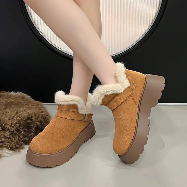 Winter Fashion Thick Bottom Women's Snow Boots Belt Buckle New Style Fleece Lined Plush Cotton Shoes Casual Round Toe Boots