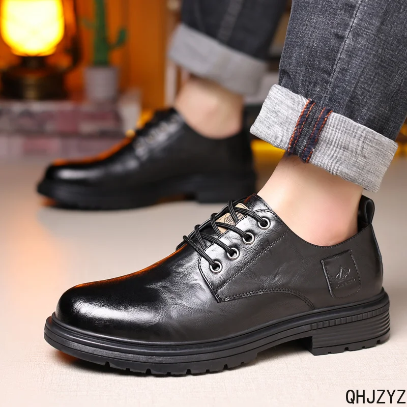Men's Genuine Leather Low Top Casual Shoes British Retro Business Soft Sole Big Head Work Boots Spring Autumn