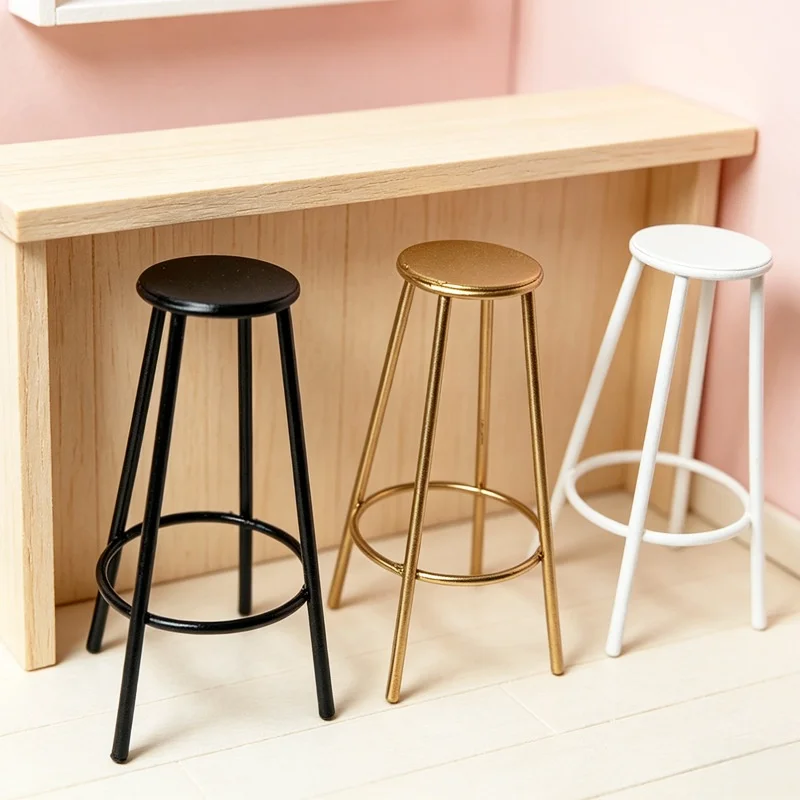 Dollhouse Stool 1Pcs Kitchen Cafe Furniture 1:12 Scale Miniature Bar Metal Round Chair Model