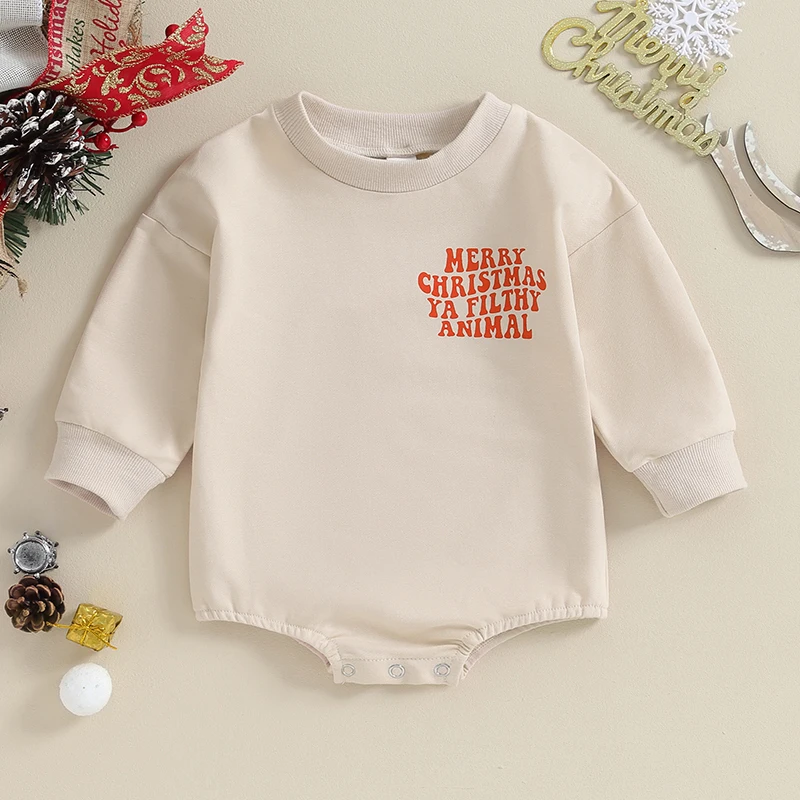 

Baby Girls Boys Sweatshirts Rompers Christmas Clothes Letter Print Crew Neck Bubble Long Sleeve Baby Bodysuits Xmas Costume