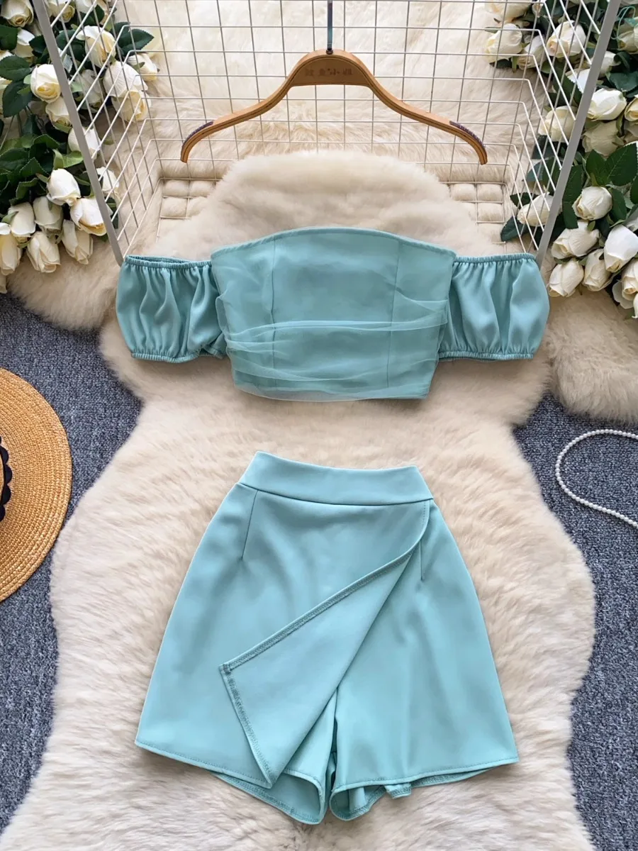 

Foamlina Chic Off Shoulder Puff Sleeve Mesh Patchwork Top + Women Summer New Fashion Irregular Skirt Shorts 2 Piece Set