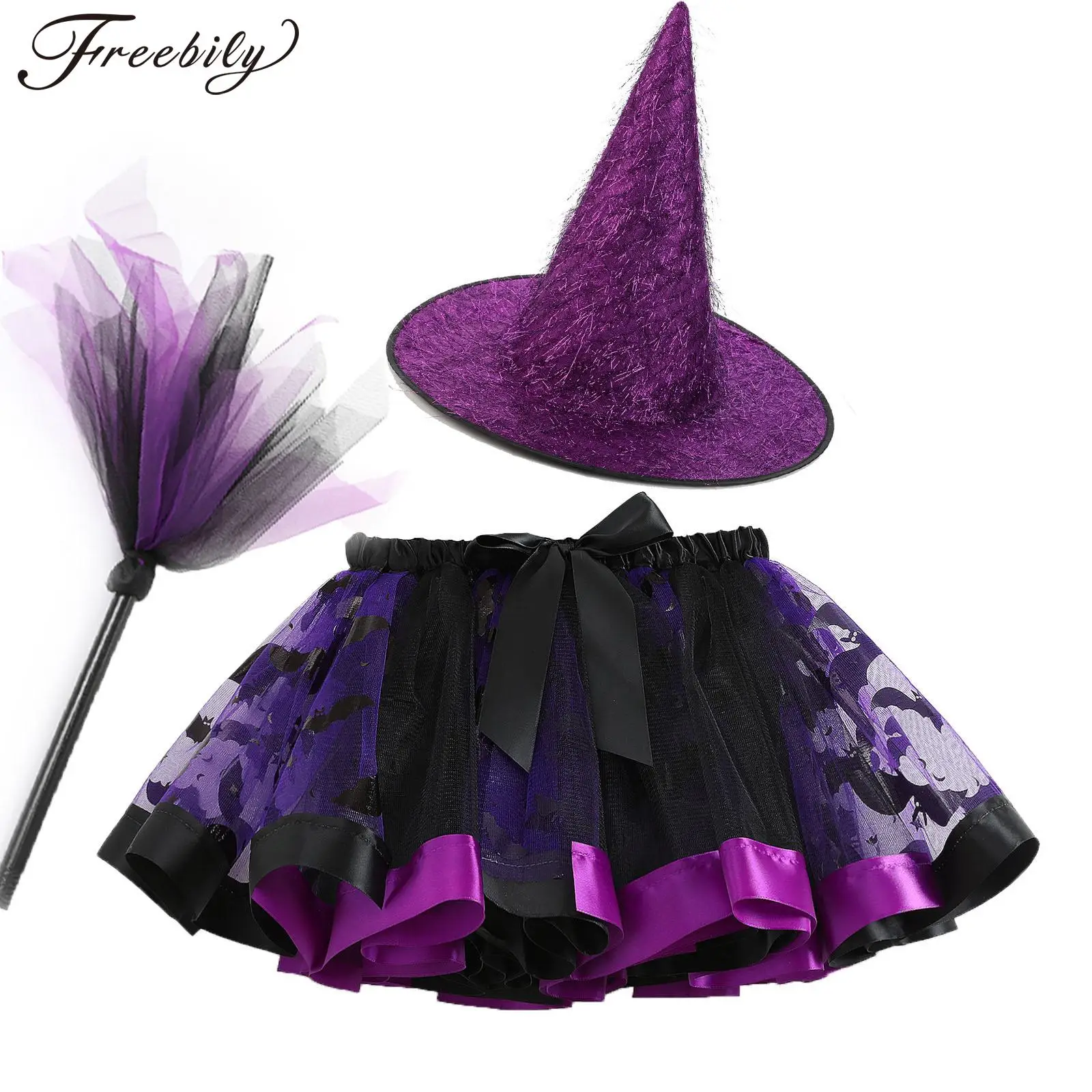 Kids Girls Halloween Witch Cosplay Costume Print Mesh Tutu Skirt with Sorceress Hat Broom for Carnival Theme Party Performance