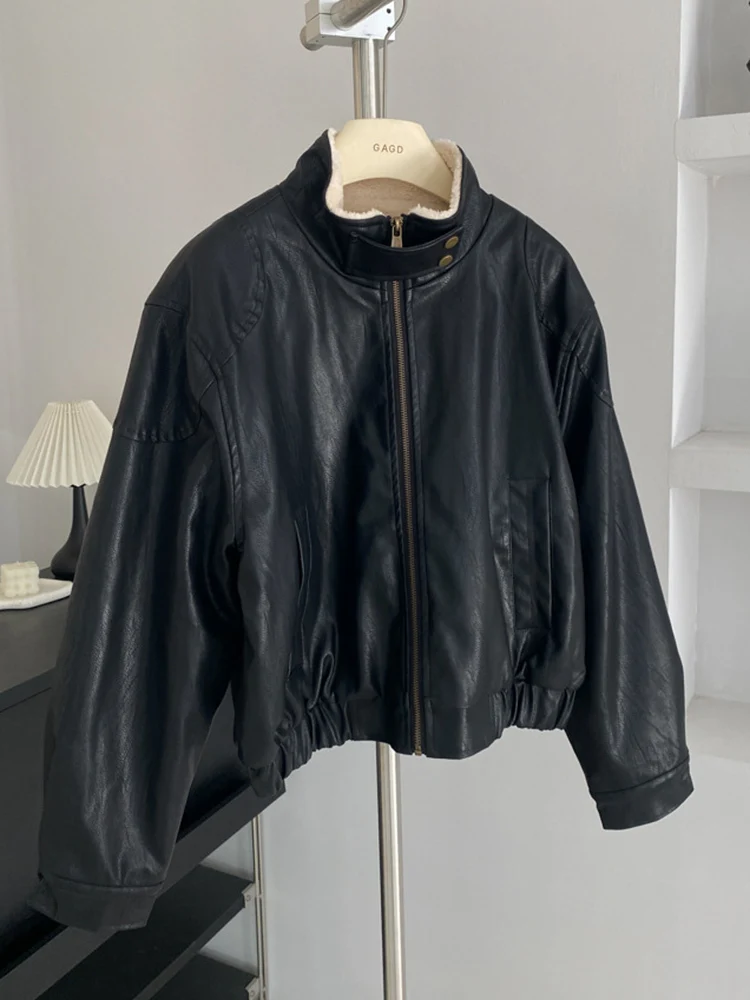 YERMORA 여성용 블랙 PU 가죽 캐주얼 재킷 여성용 라펠 긴 소매 루즈핏 신상 코트 패션 트렌드 가을 겨울 2025