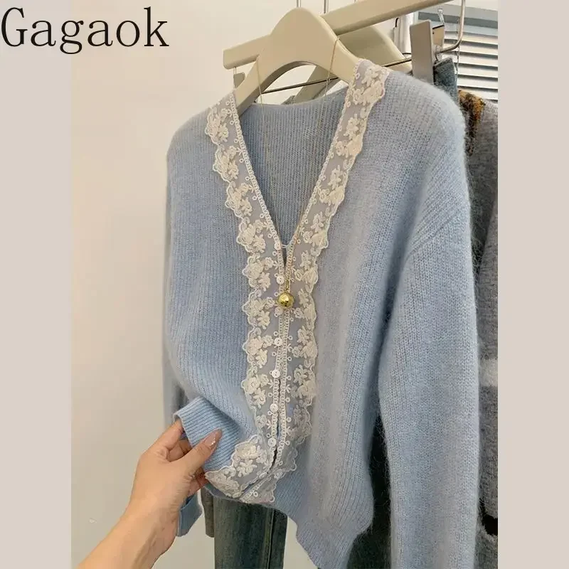 Gagaok Lace Patchwork Cardigans Women Temperament V-neck Knitted Cardigan Sweater Jacket 2024 Autumn Long Sleeved Blue Top