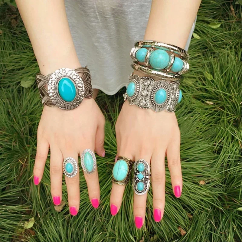 Vintage Ethnic Style Turquoise Bracelet for Women Open Wide Wrap Antique Silver Color Bangle Bracelets Boho Woman Accessories